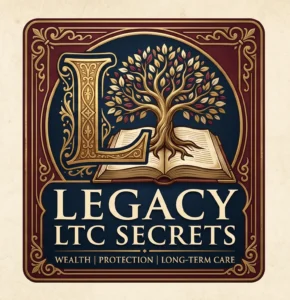Oak tree rooted in a book with a Large "L" in drop cap style, with the words "Legacy LTC Secrets" and also Wealth Protection and Long-Term Care