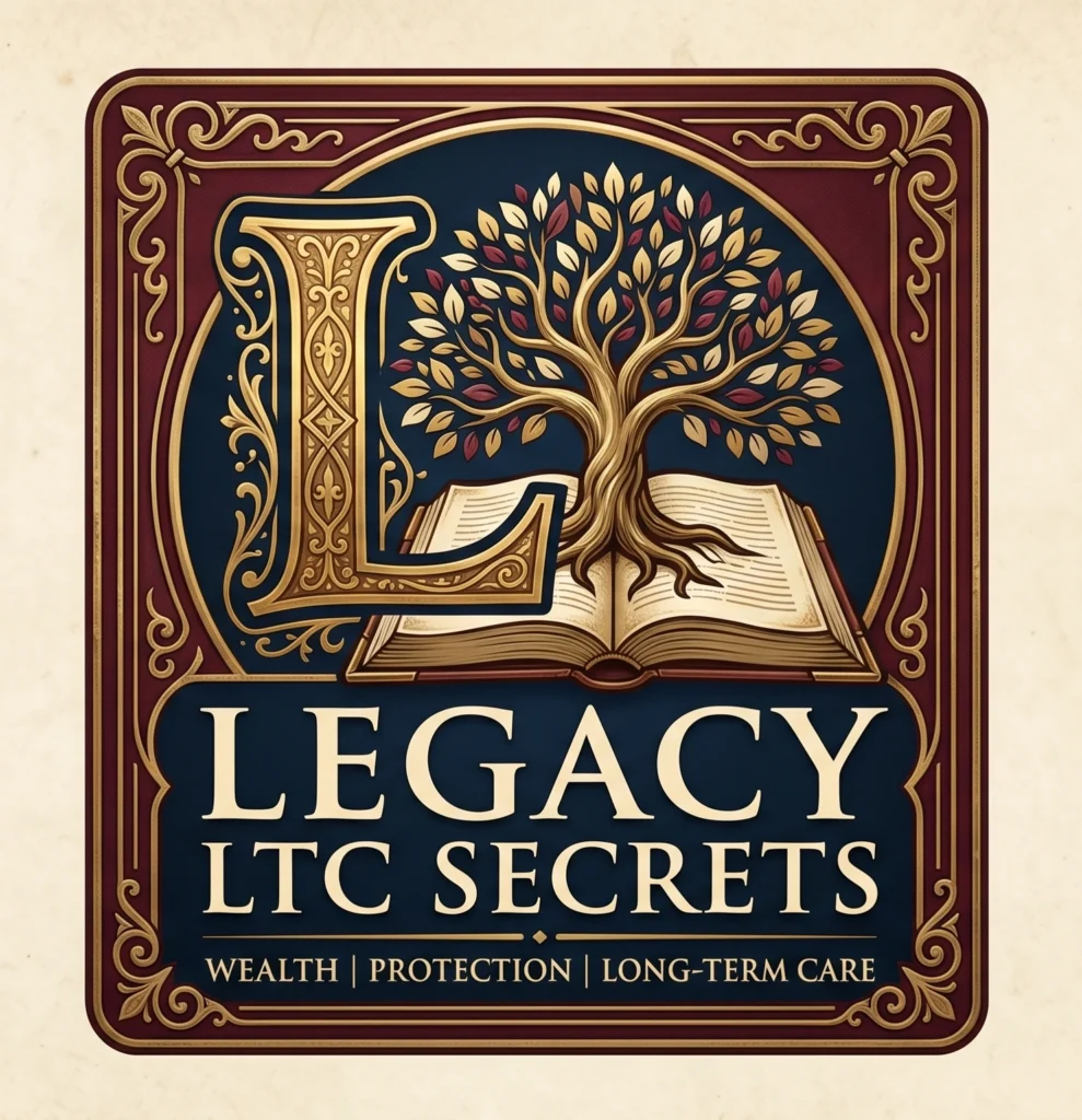 Oak tree rooted in a book with a Large "L" in drop cap style, with the words "Legacy LTC Secrets" and also Wealth Protection and Long-Term Care