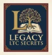 Oak tree rooted in a book with a Large "L" in drop cap style, with the words "Legacy LTC Secrets" and also Wealth Protection and Long-Term Care