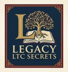 Oak tree rooted in a book with a Large "L" in drop cap style, with the words "Legacy LTC Secrets" and also Wealth Protection and Long-Term Care